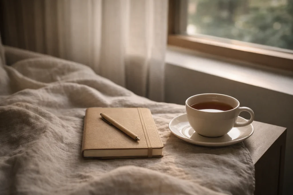 Reflective moment with tea and journal inside a wellness hotel Bangkok environment.
