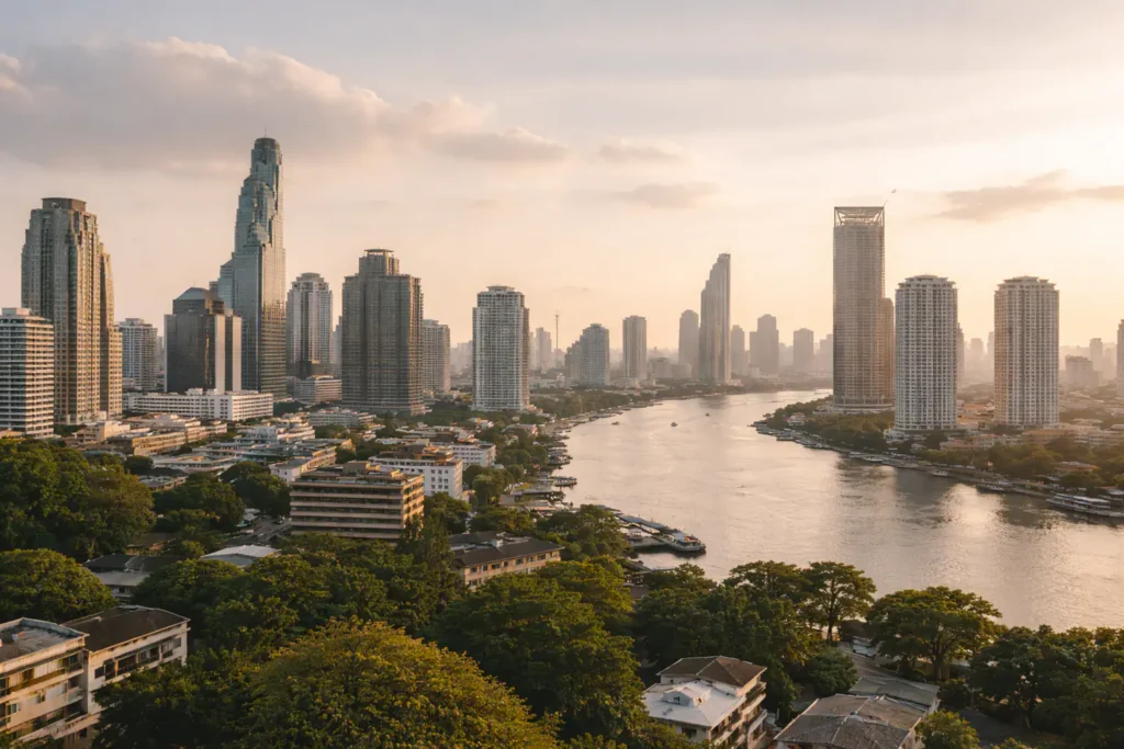 A calm Bangkok cityscape symbolizing reassurance and confident decision-making after dental veneers in Thailand.