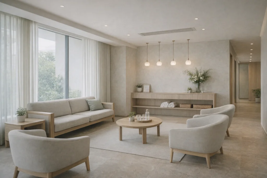Peaceful Foreign Dentist in Thailand clinic lounge with soft natural lighting, wellness-inspired interior design, and a calm premium atmosphere for international dental patients (2026).