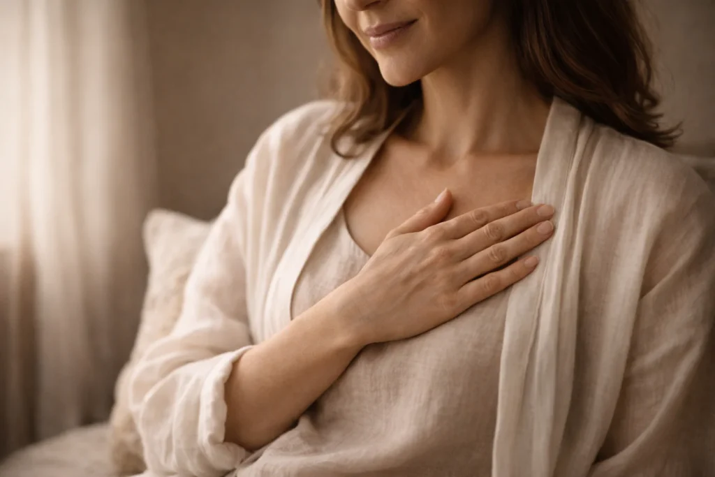 A quiet, intimate moment of self-awareness symbolizing hormone balance Thailand, as a woman gently rests her hand over her heart in natural light.