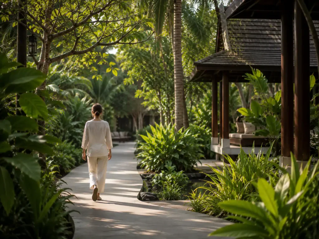 Wellness traveler enjoying a peaceful wellness resort near Bangkok