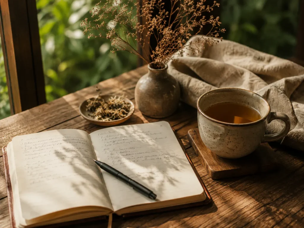 Reflection journal and herbal tea at a wellness retreat near Bangkok